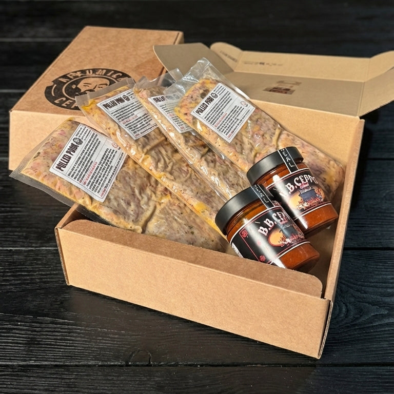 4 buste pulled pork e due vasetti salsa bbq